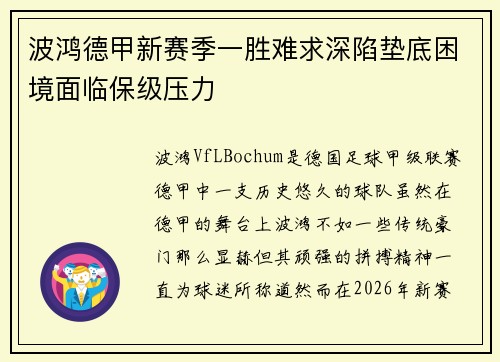 波鸿德甲新赛季一胜难求深陷垫底困境面临保级压力 波鸿德甲新赛季一胜难求深陷垫底困境面临保级压力